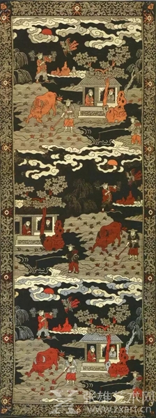 黑缎地渔樵耕读条幅锦 月字65-1号，144×54㎝，原名：黑缎地琴桌心