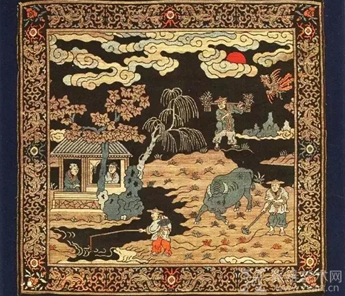 黑缎地渔樵耕读方形锦 月字1号，66×54㎝，原名：黑地茶几面