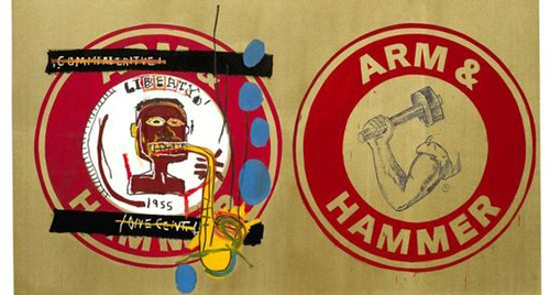 让-米歇尔·巴斯奎亚和安迪·沃霍尔，《Arm and Hammer II》，1984。图片：Guarded by Bischofberger，M?nnedorf-Zurich，Switzerland，? VG Bild-Kunst Bonn，2018 & The Estate of Jean-Michel Basquiat，Licensed by Artestar，New York，Courtesy Galerie Bruno Bischofberger，M?nnedorf-Zurich，Switzerland