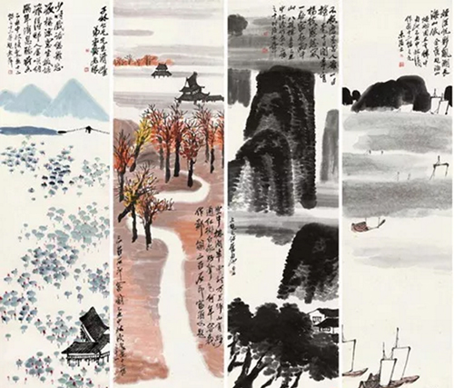 齐白石 1925年作 山水十二条屏（选四）立轴 设色纸本 180×47厘米×12 9.315亿元 北京保利2017年12月17日拍卖