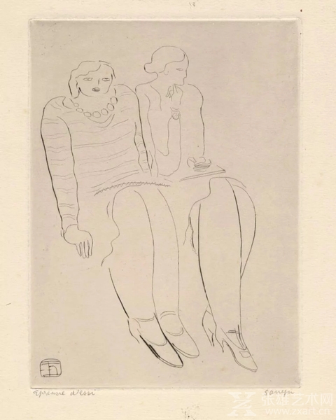 常玉，《二位作画中的女士》，ca.1929 ，直刻、锌版、版画纸，16.6 x 12.2cm