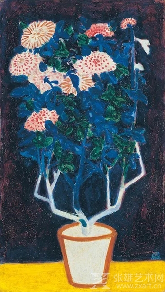 常玉，《盆菊》,1940, 油彩、纤维板, 41.5x23.8 cm