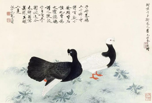 〈双鸽〉 设色纸本　镜框　一九四八年作 40.4 by 60 公分 估价：HK$1,000,000-1,500,000