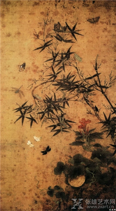 ▲北宋 赵昌(不详)《竹虫图轴》绢本设色 99.4×54.2厘米 东京国立博物馆藏