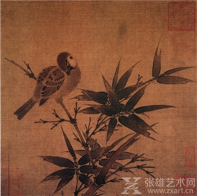 ▲南宋 吴炳(不详)《竹雀图》册页 绢本设色 25×25厘米 上海博物馆藏