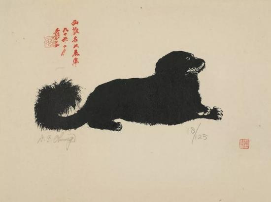   张大千，小黑虎，丝网版画，50cm×61cm 款识：西藏名犬黑虎六十年十月爰画