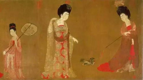 《历代绘画高清图库》唐 周肪 簪花仕女图卷(全卷)绢本182x46.4 局部截图