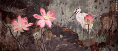 图1、宗其香《荷塘白鹭》，纸本设色，68.5x136厘米，1953年
