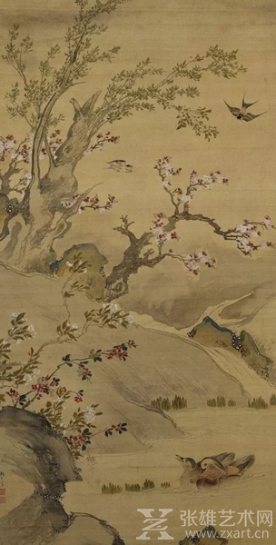 明 周之冕《双燕鸳鸯图轴》 绢本设色 186.2×91.2cm 故宫博物院藏