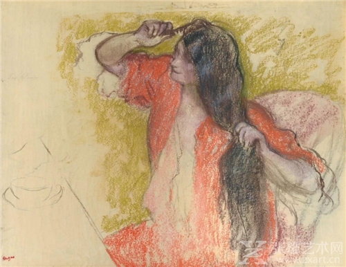 埃德加·德加（Edgar Degas）《身穿红色浴袍梳妆的女子》