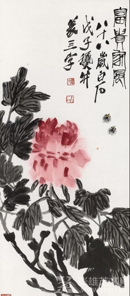 齐白石 戊子（1948年）作 富贵家风 镜心 设色纸本 尺寸：96×40.5 cm 估价：1,350,000～2,200,000 港元 成交价：1,652,000 港元