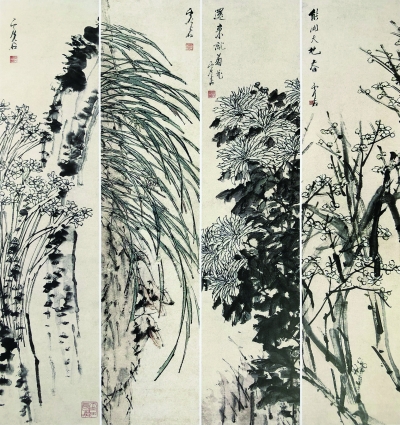 四季花卉（国画） 133.2×31厘米×4 虚谷 清代 中国美术馆藏