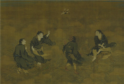 《四仙拱寿图》（上图），明代“浙派”画家商喜（活动于15世纪中期）的作品。绢本设色。纵98.3、横143.8厘米。现藏台北故宫博物院。