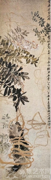 吴昌硕 《紫藤图》 屏 洒金笺 纸本 设色174.7×47.5cm 北京故宫博物院藏