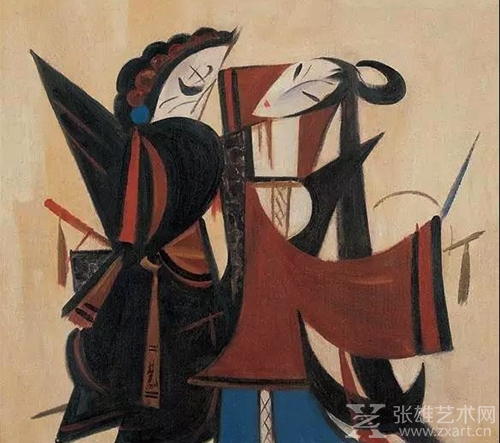 林风眠的戏曲人物《霸王别姬》（布面油画60×60cm），借用的是民间艺术剪纸的形式，又融有他自己的创造，是我极爱的造型与图式。