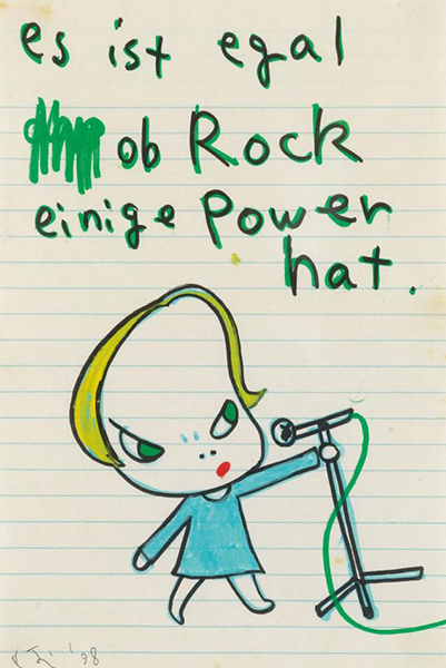 奈良美智（日本，1959年生） 《Es ist egal ob Rock einige Power hat》 麦克笔 纸本 22.5 x 15 cm. 1998年作 估价：港元 450,000 - 550,000