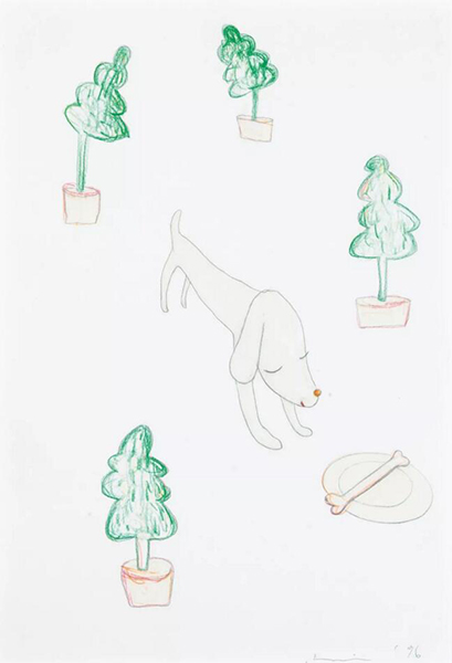 奈良美智（日本，1959年生） 《A Puppy with Green》 铅笔 彩色铅笔 纸本 29 x 21 cm. 1996年作 估价：港元 200,000 - 300,000