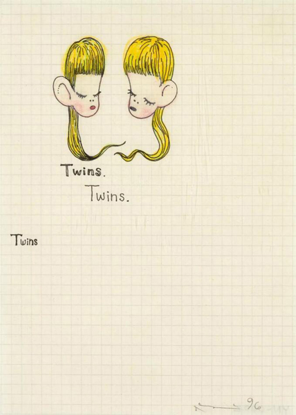 奈良美智（日本，1959年生） 《Twins》 铅笔 彩色铅笔 纸本 20.5 x 14.5 cm. 1996年作 估价：港元 240,000 - 320,000