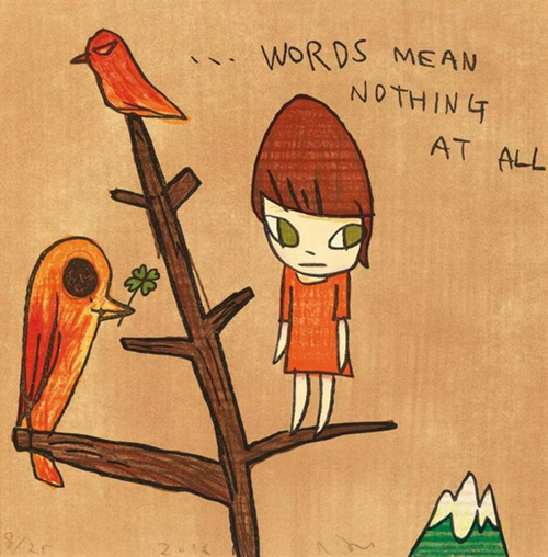 奈良美智（日本，1959年生） 《Words Mean Nothing at All》 木版 版画 35.5 x 35.5 cm. 2016年作