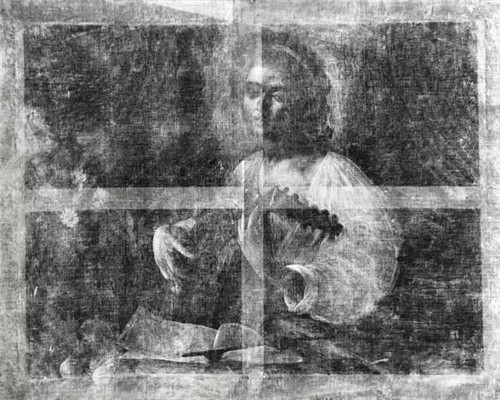   卡拉瓦乔《鲁特琴师》的X射线成像图。《鲁特琴师》的另一个版本由威尔顿斯坦（Wildenstein）家族所有，该件作品直至2013年长期由纽约大都会艺术博物馆租赁