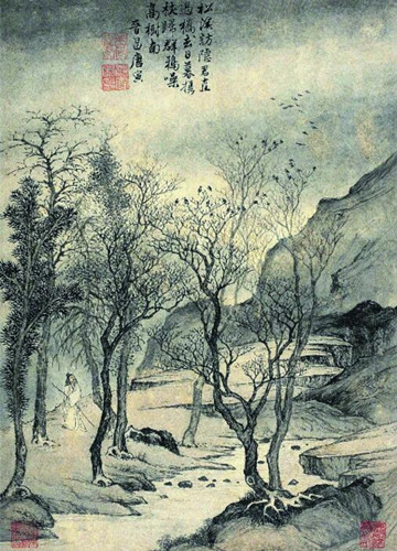 唐寅《松溪访隐图》纸本，浅设色，纵41、横29.8厘米