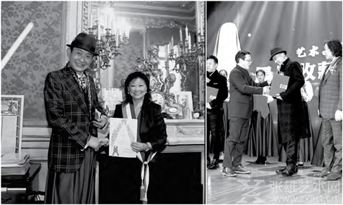 左：宋冬在法国荣获巴黎荣誉市民和勋章 右：中国美术家协会徐里书记在中国博物馆为宋冬颁发最具收藏价值艺术家奖