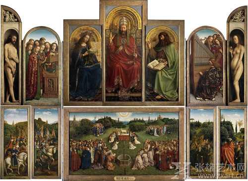   根特祭坛画 艾克兄弟 尼德兰 教堂屏风橡木板油画 1415-1432年 343×440厘米 根特市圣巴蒙教堂藏