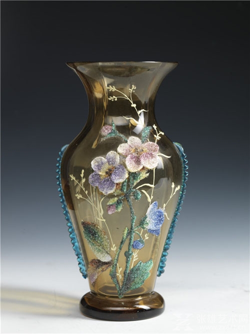 透明琥珀色玻璃画珐琅花卉纹瓶