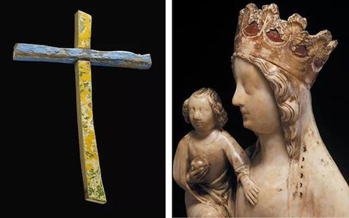 左：兰佩杜萨岛十字架，2015年入藏； 右：圣母和儿童雪花石膏像细节，英格兰中部， 约1360年。