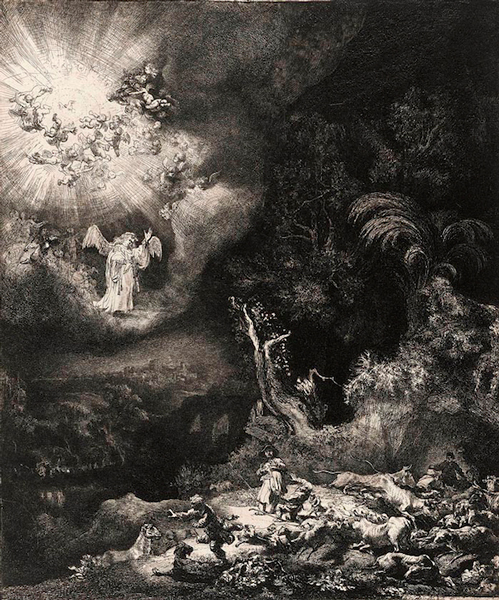 伦勃朗，《天使出现在牧⽺人面前》， 21.8×26.1cm，蚀刻铜板，1634
