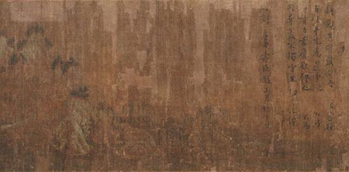 传王维《著色山水图》（局部）画面破损度相对较高，包括图中右侧“刘唐老”题诗在内的很多留存信息的真伪遭到了质疑