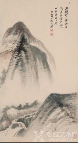 LOT号：0057 张大千 诗意山水图 立轴 设色纸本 75×41cm 估价：RMB 350,000-380,000