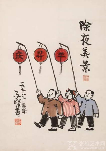 LOT号：1001  丰子恺  1898-1975  除夜美景 镜心 设色纸本 43×31 cm.  约1.2平尺