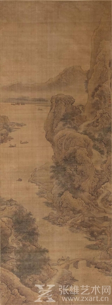 LOT号：1011  袁耀  清  江村访友图  立轴 设色绢本 184.5×67 cm. 约11.1平尺
