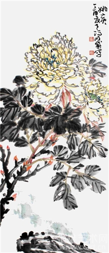 名花四条屏之姚黄  100cm × 40cm