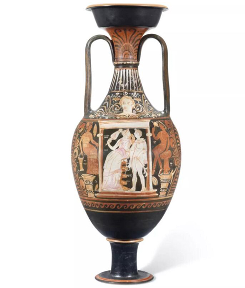 约公元前四世纪后期 阿普利亚红色图案双耳细颈瓶 估价：英镑 12,000 - 15,000 古典大师及英国绘画与水彩画拍卖，7月3日