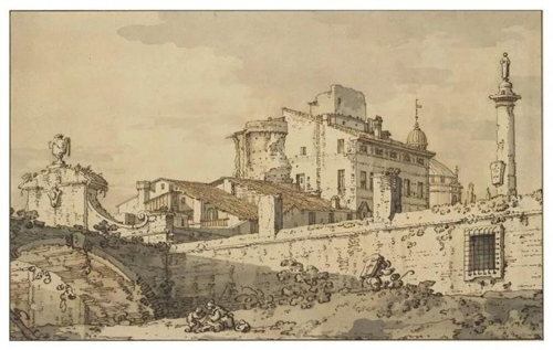 乔凡尼‧安东尼奥‧康纳尔，又名卡纳莱托（威尼斯，1697-1768） 《建筑随想曲》 黑色粉笔 钢笔 棕色墨水 棕色和灰色淡水彩