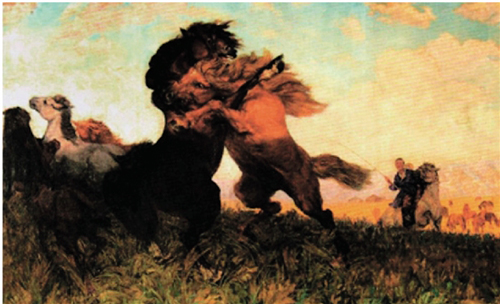 O.Tsevegjav 种马之斗 147×240cm 布面油画 1958年　蒙古国国家美术馆