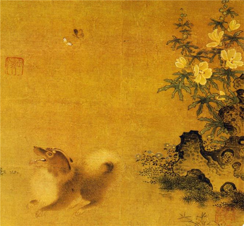 （宋佚名《秋葵犬蝶图》）