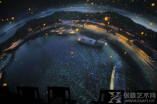 穿过虹桥，球幕的影片将会转为夜景，宋代不实行宵禁，夜里的汴京灯火通明。