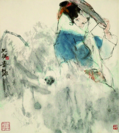  雨中少女（国画）52×46.5厘米 上世纪80年代  周思聪 上海中国画院藏