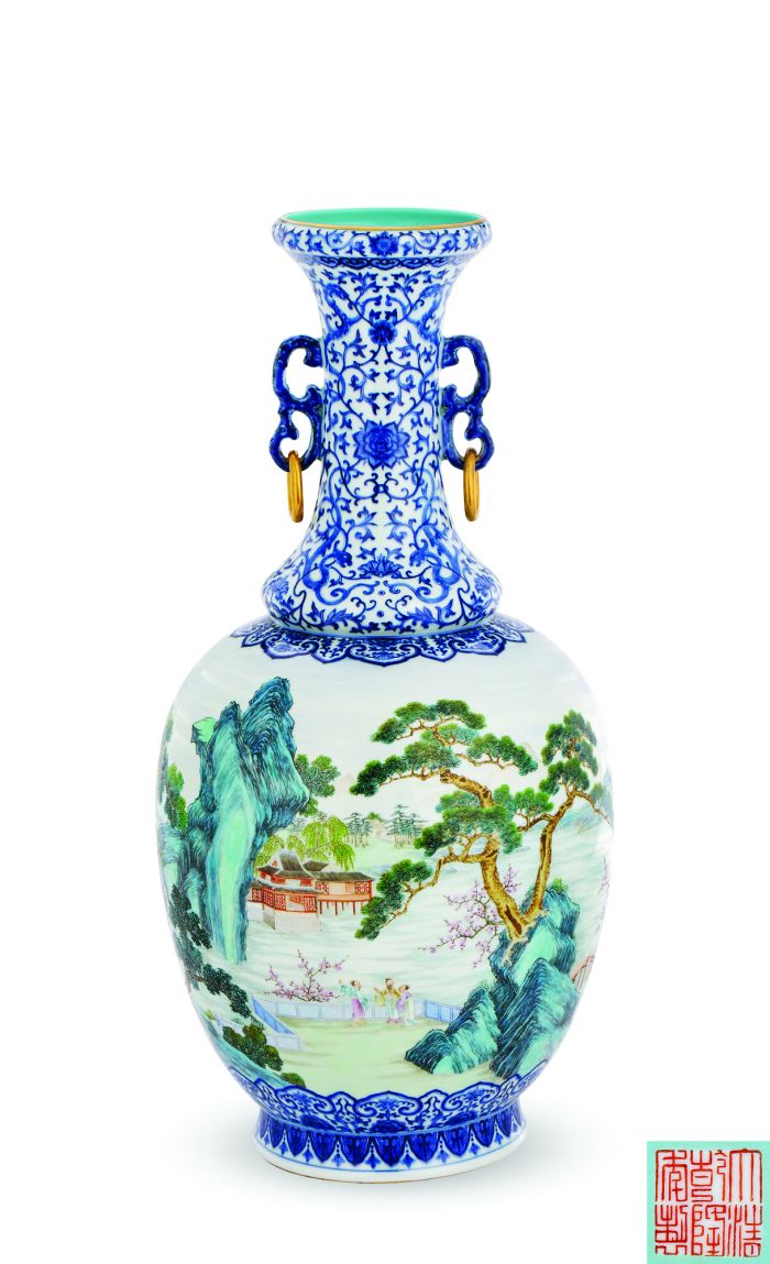 清乾隆御制青花夹洋彩通景“桃花源”图双耳活环大瓶