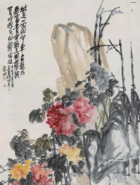  吴昌硕《牡丹图》轴局部