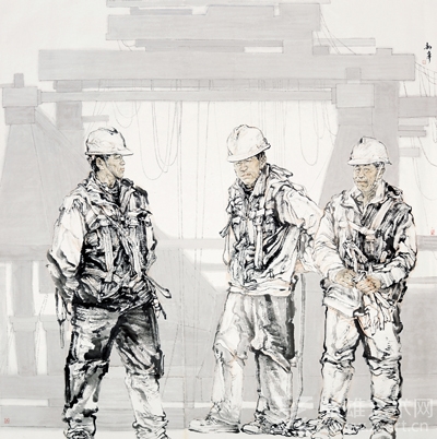 工地之晨(中国画) 姚新峰叙述沙钢·检修钢炉的师