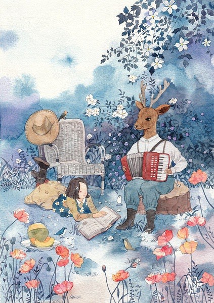 森林系女生唯美插画作品,我想这充满童话氛围的场景一定是插画师的