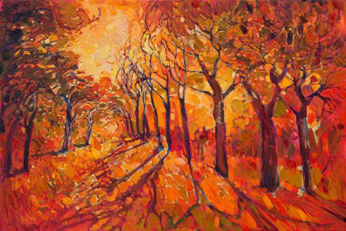 艺术家用活泼的橙色调风景画表达对大自然的爱