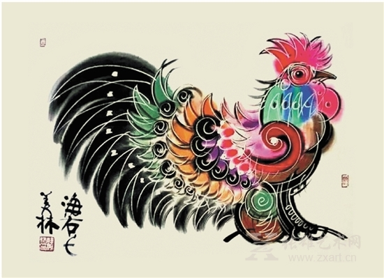 韩美林画笔下的鸡自得一种韵味